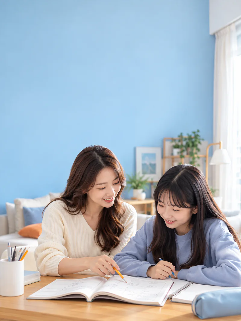 동네 과외 방문 수업 모습 — 선생님이 학생 옆에 앉아 연필로 교재를 짚으며 설명하는 장면