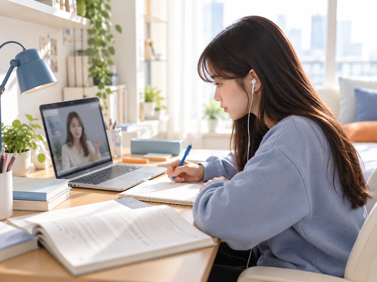 동네 과외 화상 수업 모습 — 학생이 노트북 화면 속 선생님과 1:1로 수업하며 필기하는 장면