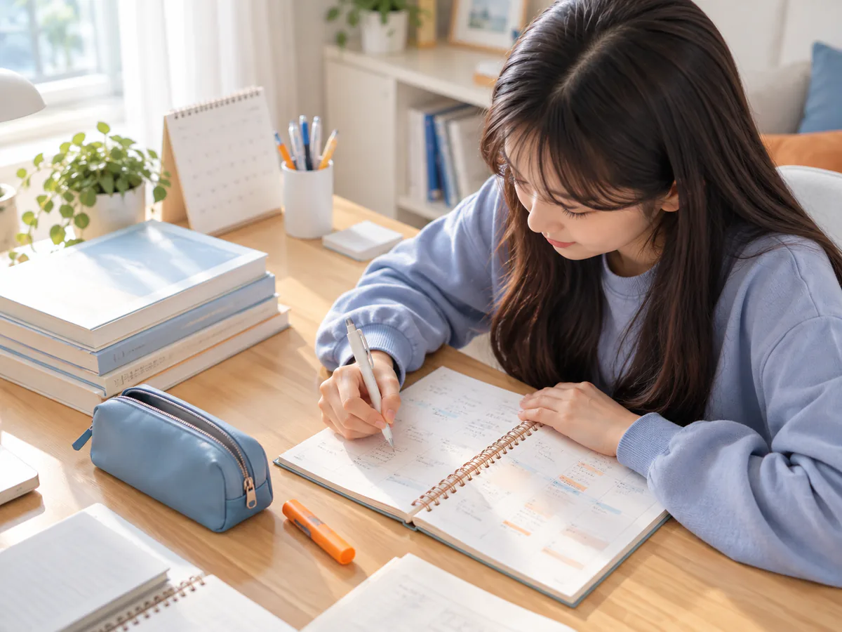 동네 1:1 과외 상담 과정 — 학생이 책상에서 문제를 풀며 공책에 풀이 과정을 쓰는 장면