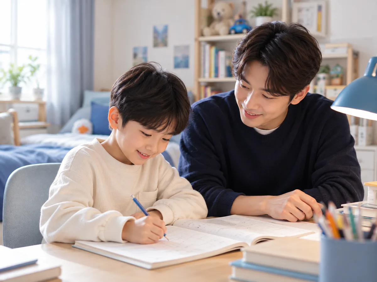 동네 과외 방문 수업 모습 — 선생님이 집 책상에서 학생 옆에 앉아 공책 풀이를 봐 주는 장면